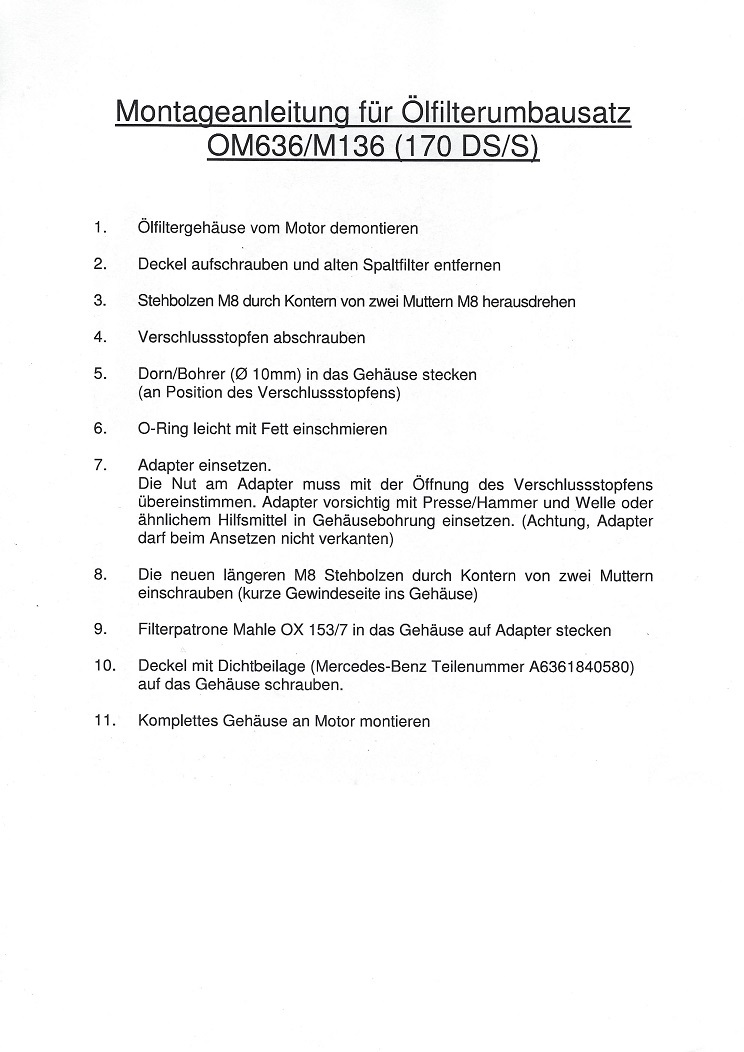 ÖLFILTERUMBAUSATZ M136/OM636 (170S/DS)